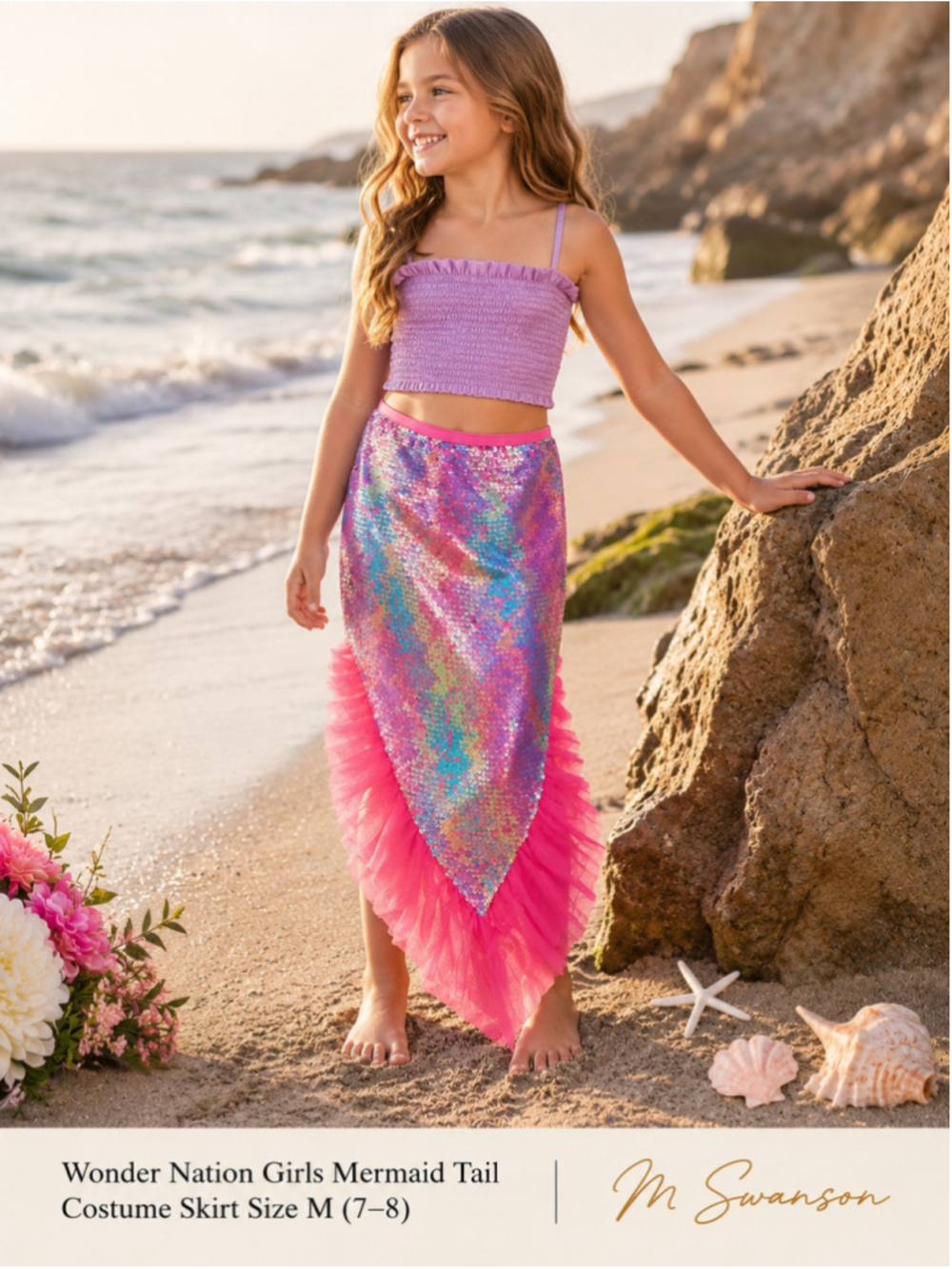 Wonder Nation Girls Sequin Mermaid Tail Costume Skirt Pink M 7–8